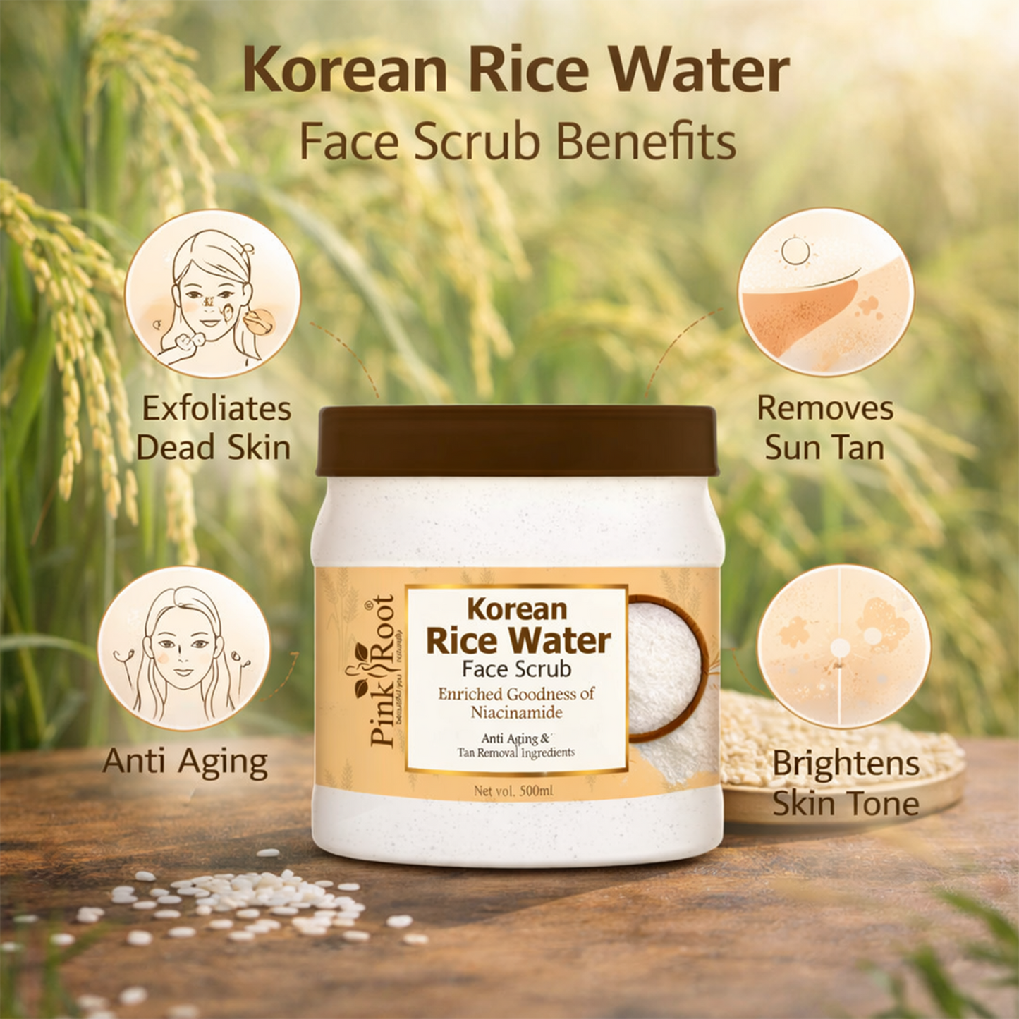 Pink Root Rice Water Face Scrub (500ml) Gentle Exfoliating Formula That Removes Dead Skin, Unclogs Pores, Brightens Complexion, and Reveals Smooth, Radiant Skin