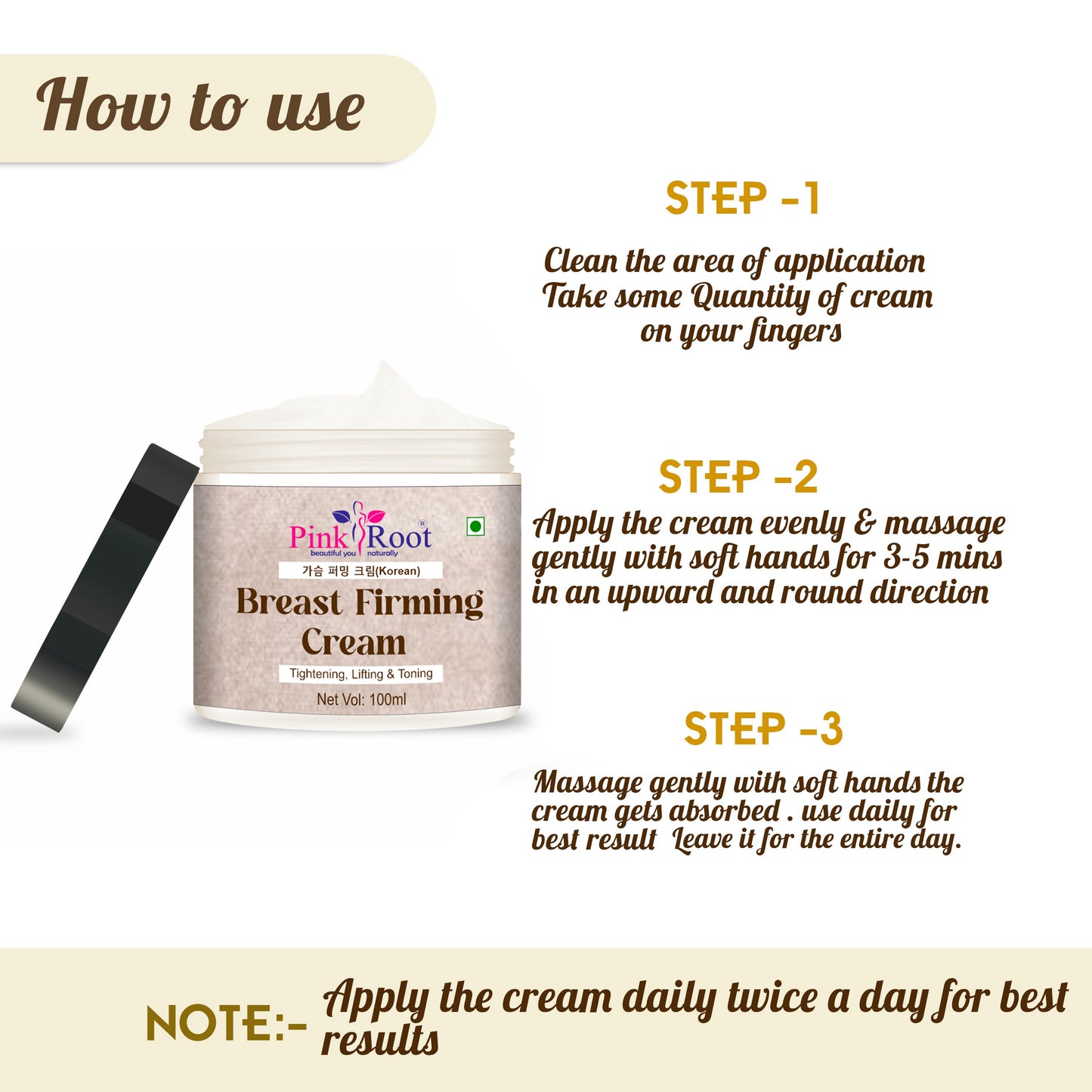 Pink Root Breast Firming Cream 100ml, enriched with fenugreek seeds ( methi) Bust Firming Breast Enlargement Tightening & Lifting Growth Increase Size Cream 100% natural