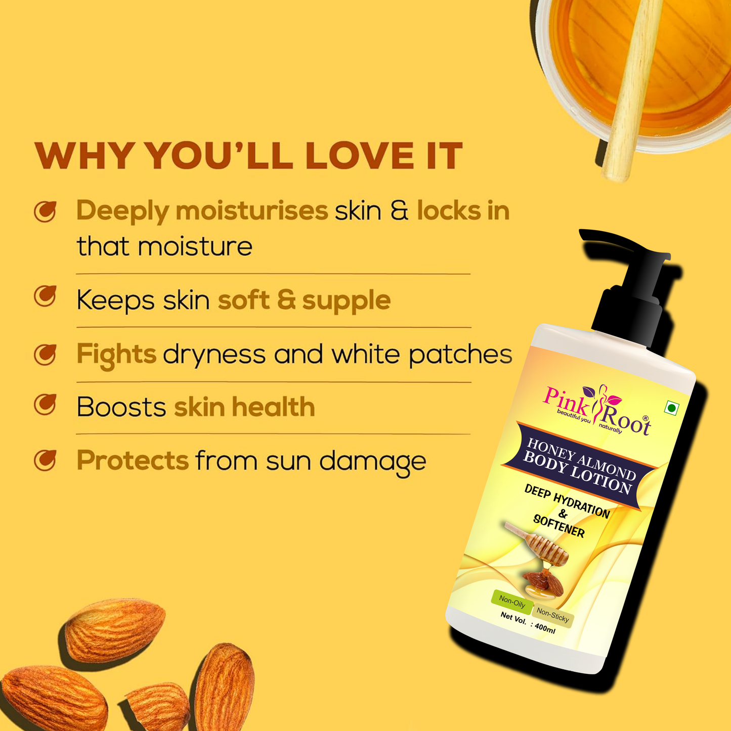 100% Pink Root Honey Almond Body Lotion - Moistures Skin | Rich Creamy Texture | Smoother & Supple Skin(400ml)