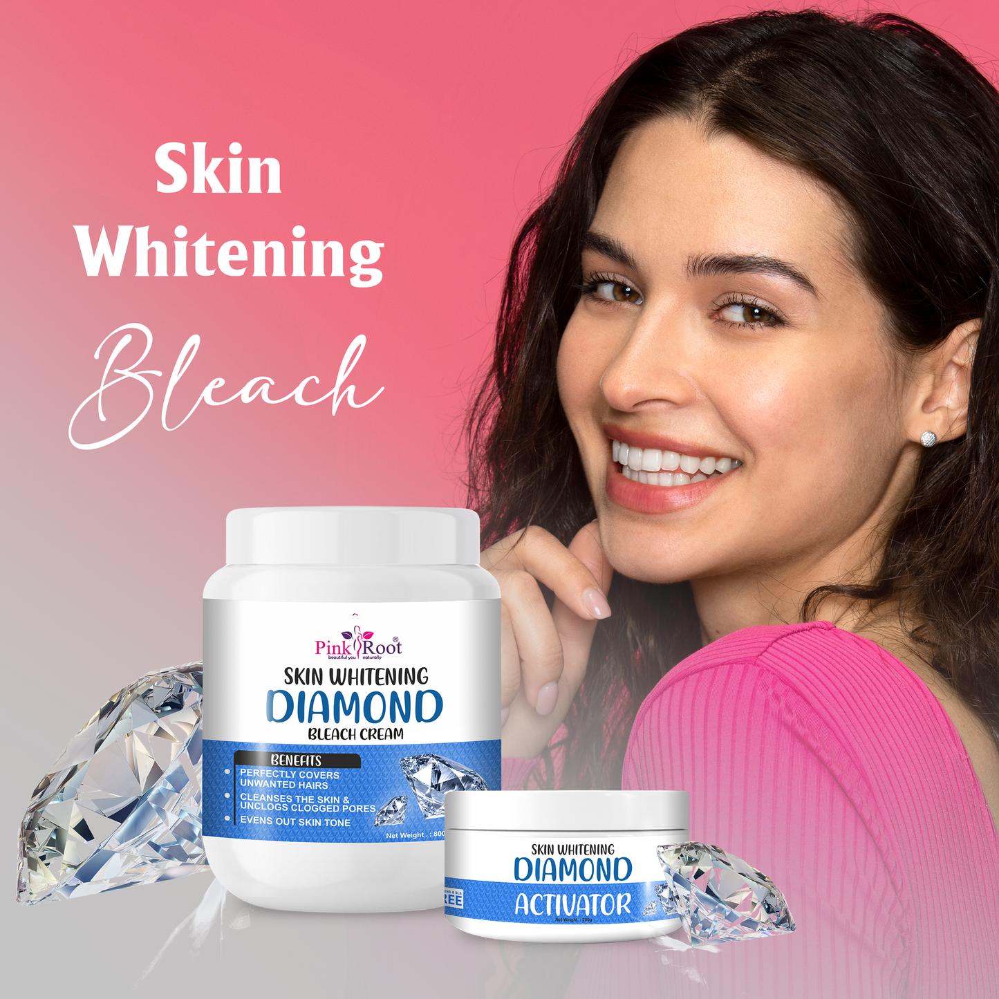 Pink Root Skin Whitening Diamond Bleach Cream with Activator 1Kg gives Sparkling brightness & purification & gives fairer skin