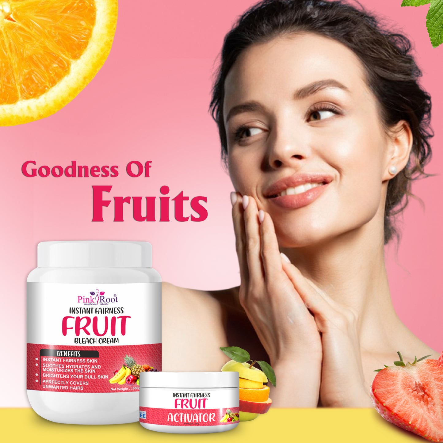 Pink Root Fruit Bleach Cream with Activator 1Kg, for Instant Fairness of Skin, Reduces Dark Spots and Tan