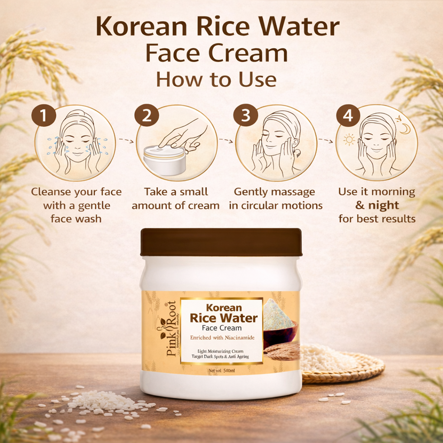 Pink Root Rice Water Face Cream (500ml) Deeply Nourishing Moisturizer That Brightens Skin, Improves Texture, Boosts Glow, Hydrates Long Lasting, For Radiant Complexion