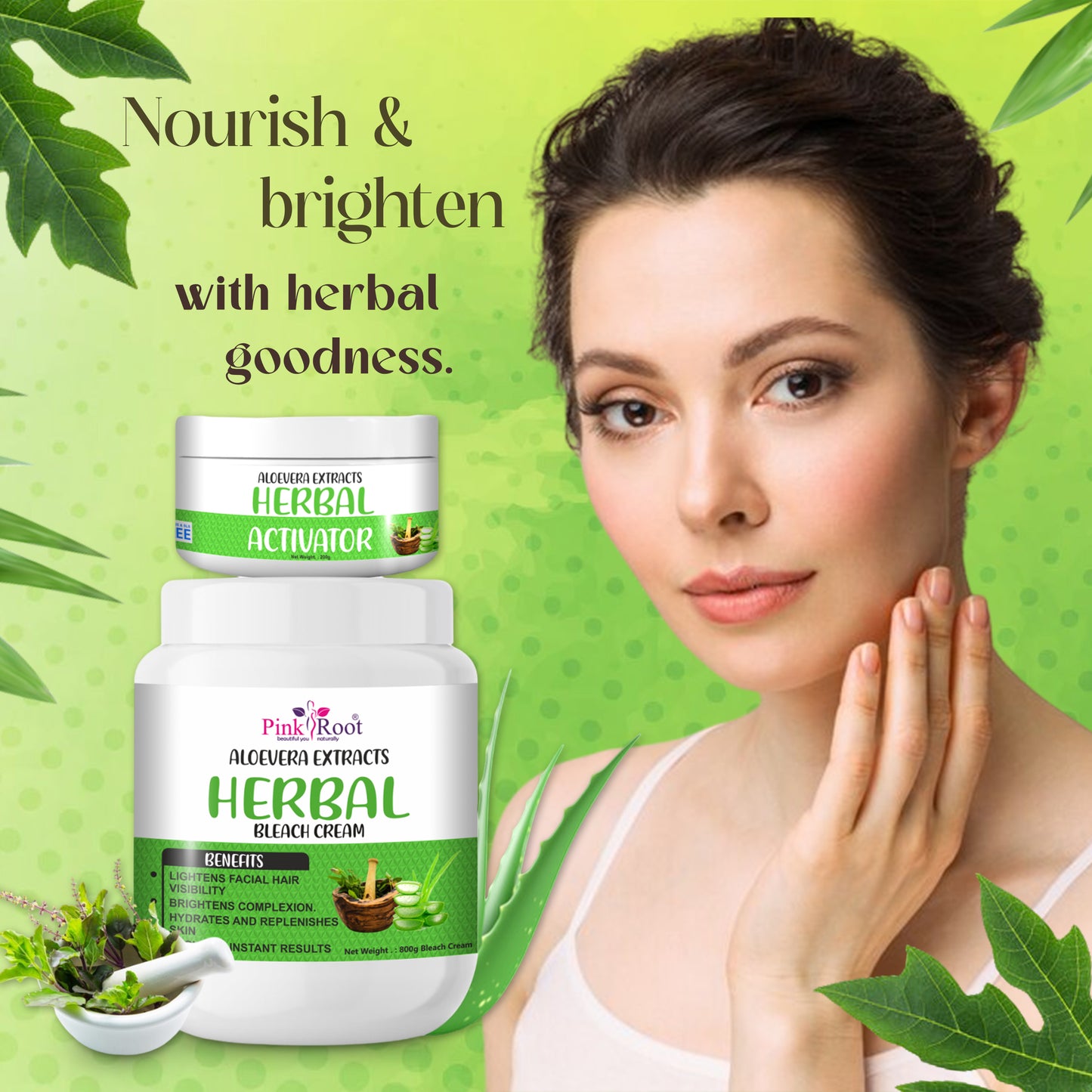 Pink Root Aloevera Extract Herbal Bleach Cream with Activator 1Kg, helps in reducing dark spots, acne and pimples and gives healthy brighter skin