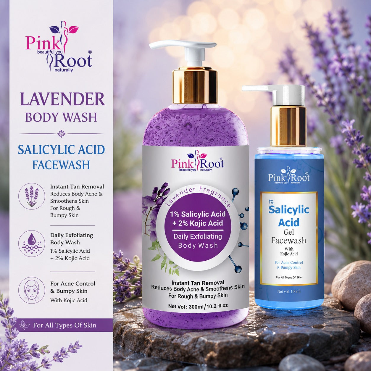 PINK ROOT 1%Salicylic Acid Face Wash and 1% Salicylic with 2% Kojic Body Wash Combo