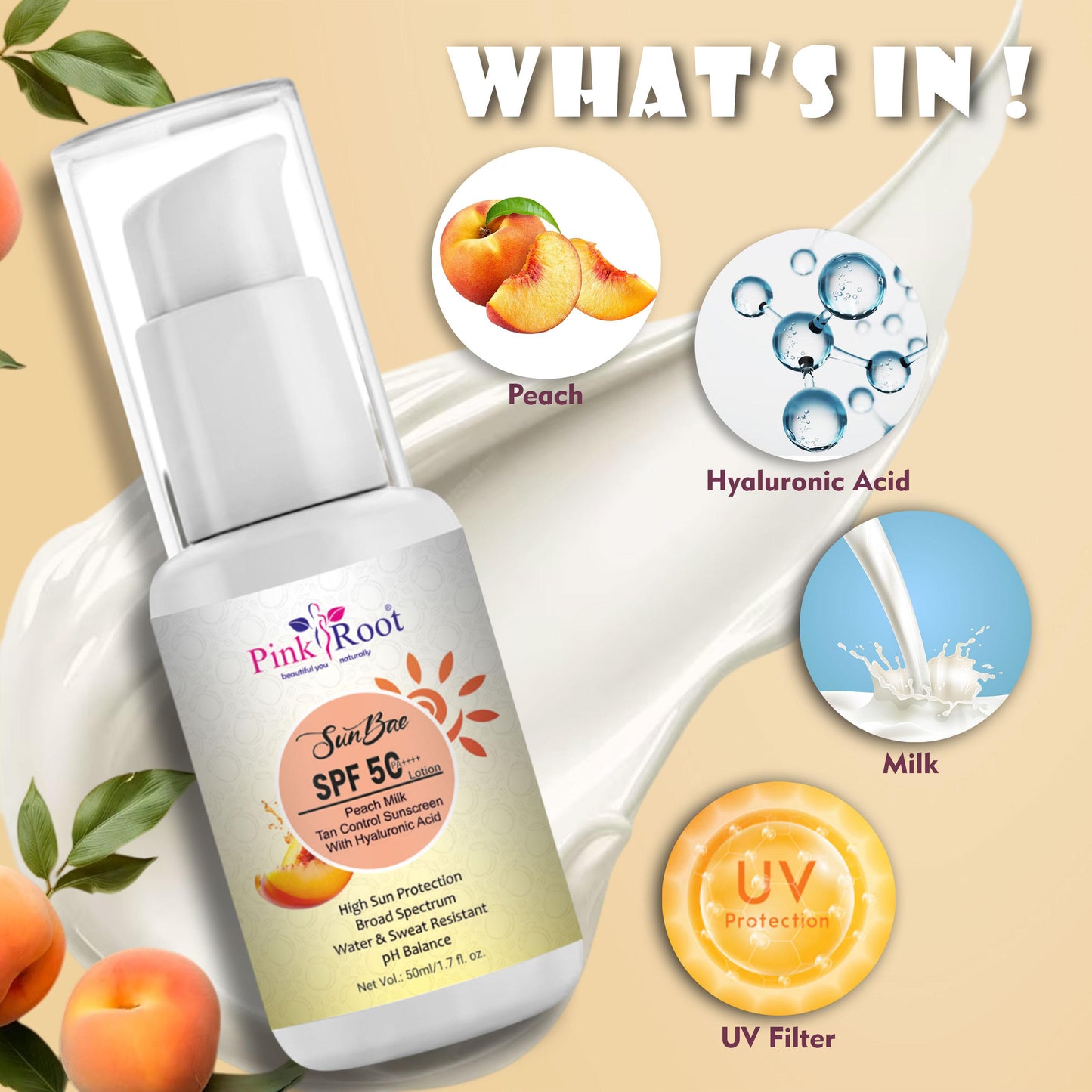 Pink Root SunBae SPF 50 PA++++ | Peach Milk Tan Control Sunscreen with Hyaluronic Acid | For Oily, Dry, Acne-prone Skin | Ultra Lightweight Texture | Non-Greasy I No White Cast | Broad Spectrum Protection & Blue Light Protection | For Men & Women, 50ml