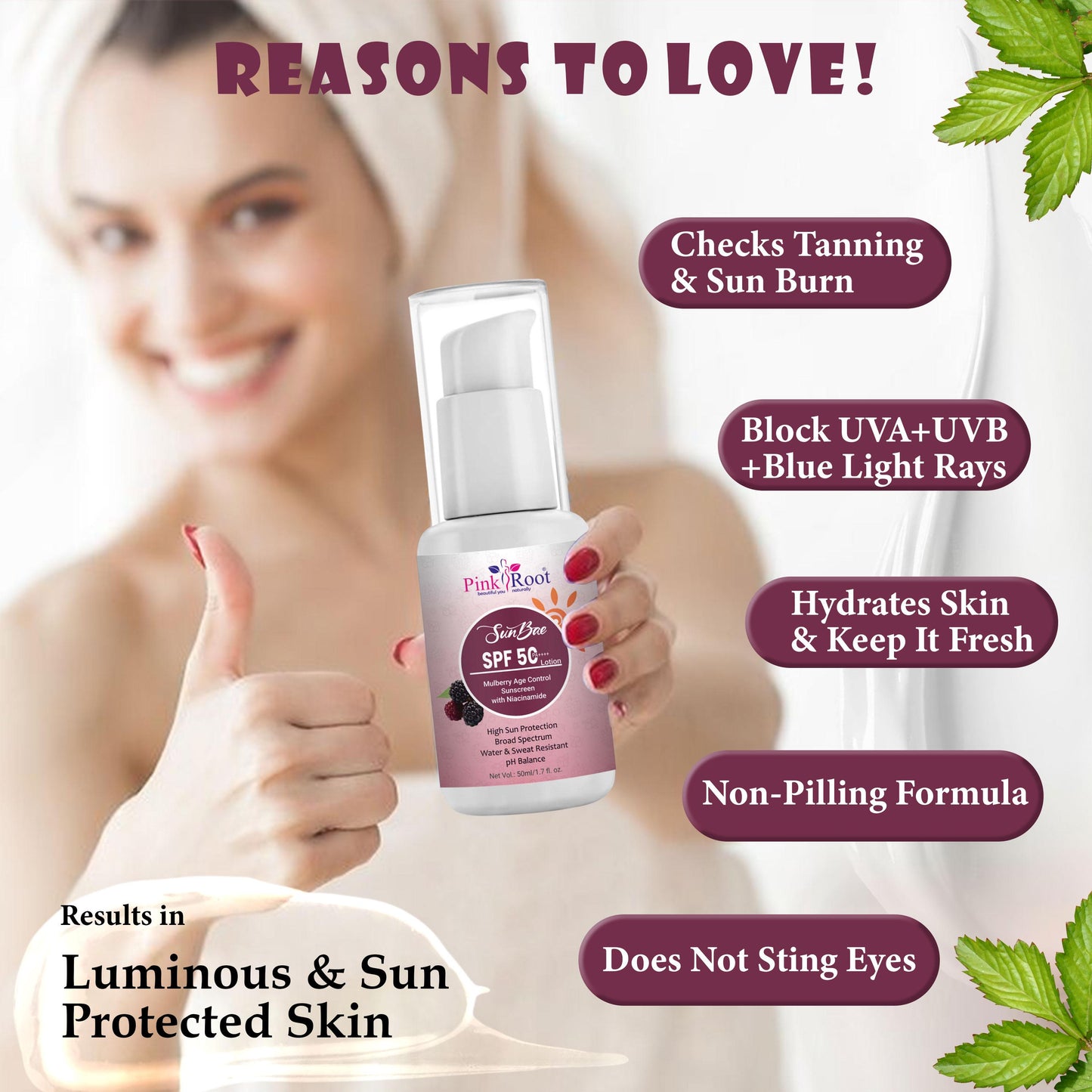 Pink Root SunBae SPF 50 PA++++ | Mulberry Age Control sunscreen with Niacinamide | For Oily, Dry, Acne-prone Skin | Ultra Lightweight Texture | Non-Greasy I No White Cast | Broad Spectrum Protection & Blue Light Protection | For Men & Women, 50ml