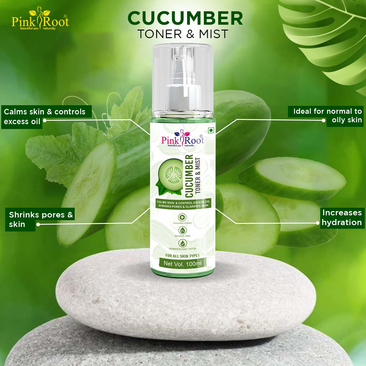 Pink Root Cucumber Toner & Mist 100ml, Hydrating Pore Tightening Moisturizing Revitalising Face Spray Toner for All Skin Types, Natural, No Alcohol, Parabens & Sulphates