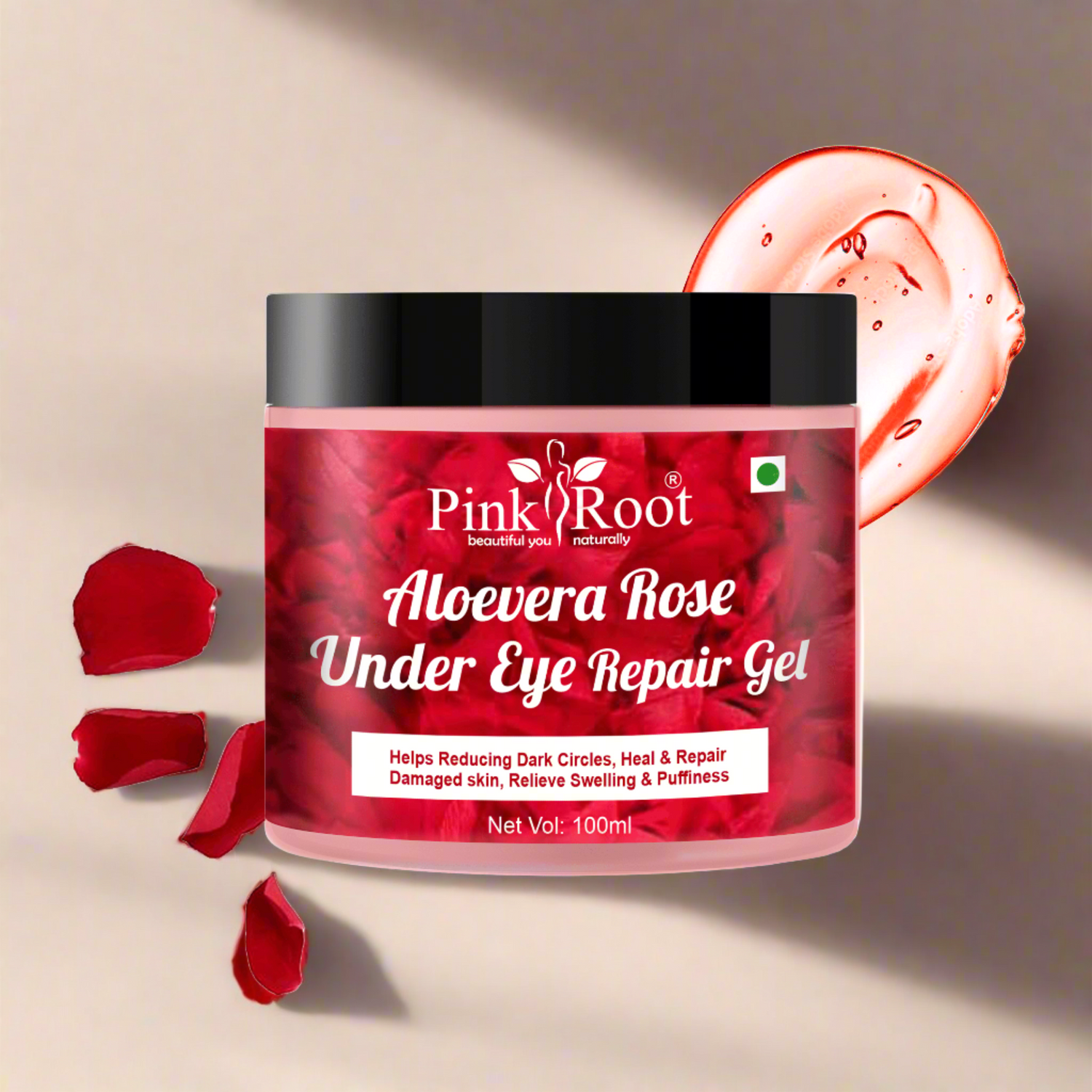 Pink Root Aloevera Rose Under Eye Gel 100ml, helps reduce dark circles, soothe puffy eyes, brighten the under-eye area & tighten the skin - Pink Root