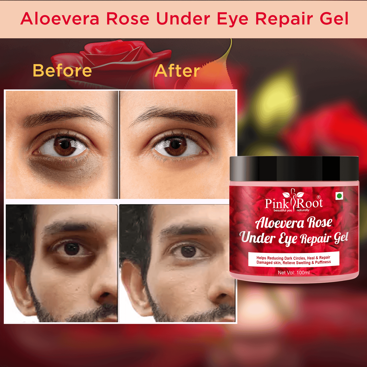 Pink Root Aloevera Rose Under Eye Gel 100ml, helps reduce dark circles, soothe puffy eyes, brighten the under-eye area & tighten the skin - Pink Root