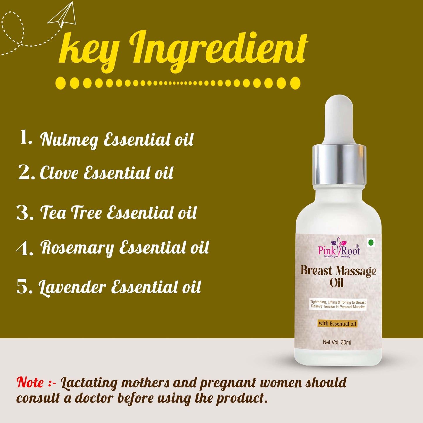 Pink Root Breast Toning & Firming Oil 30ml, Helps firm and tone tissue, prevent sagging and shape-up naturally - Pink Root