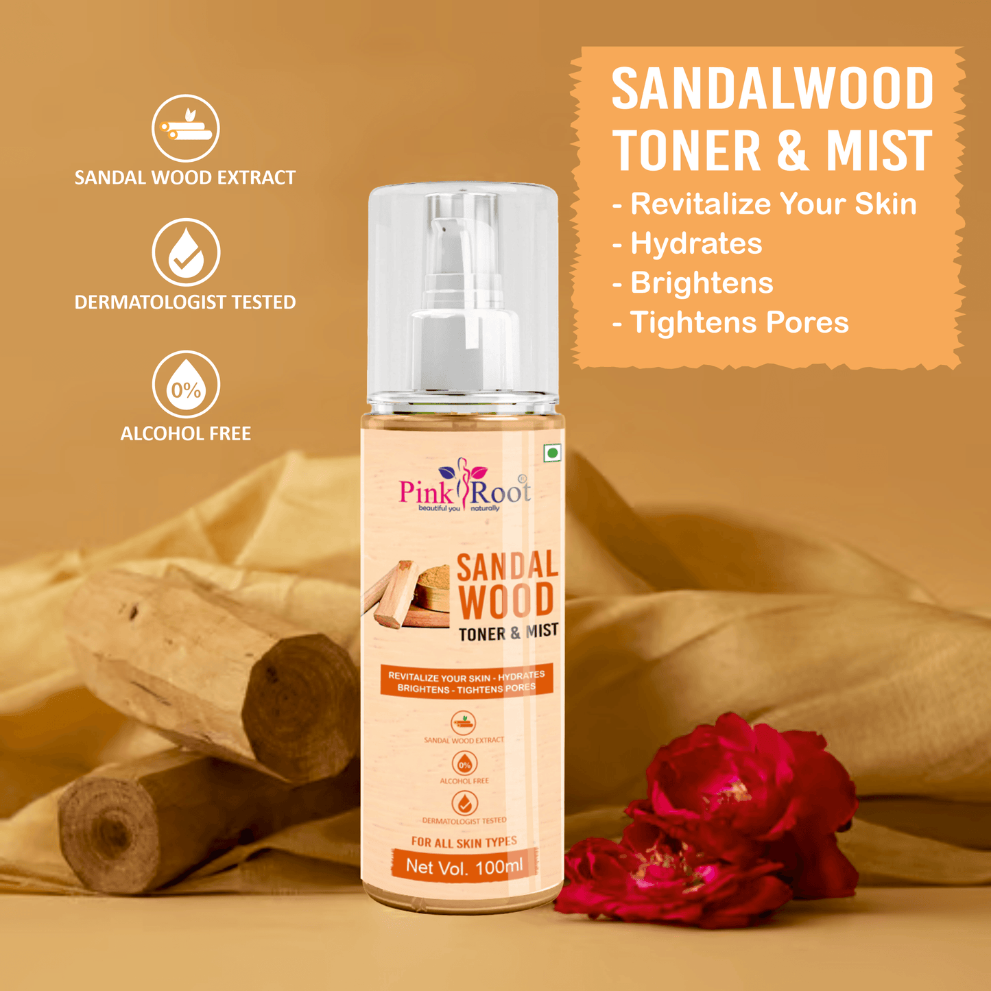 Sandalwood Face Toner & Mist for( Makeup removal) 100ml - Pink Root