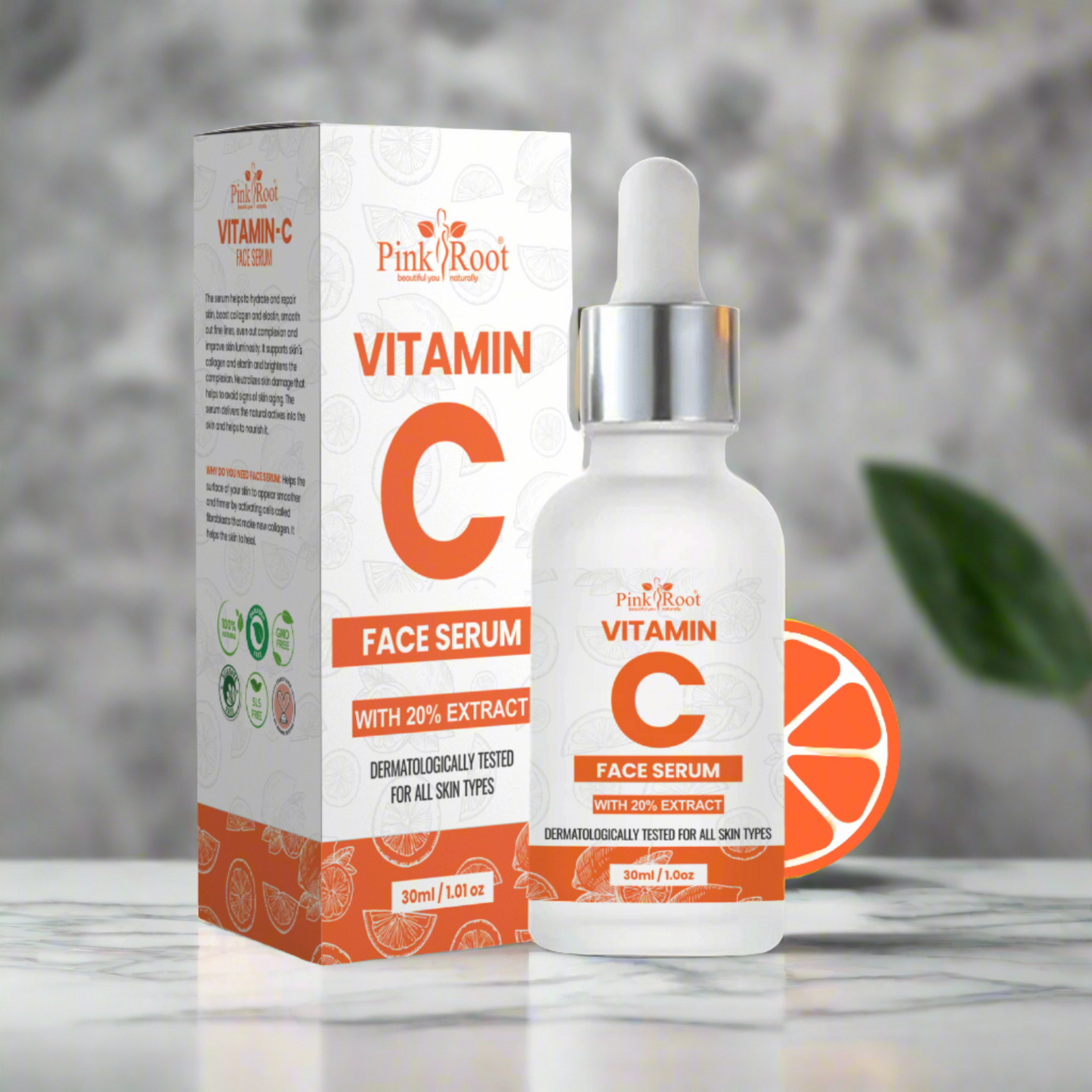Pink Root Vitamin C Face Serum with 20% Extract | Skin Brightening, Anti Aging, Spotless Skin,Sun Protection with Vitamin E & Hyaluronic Acid, 30ml