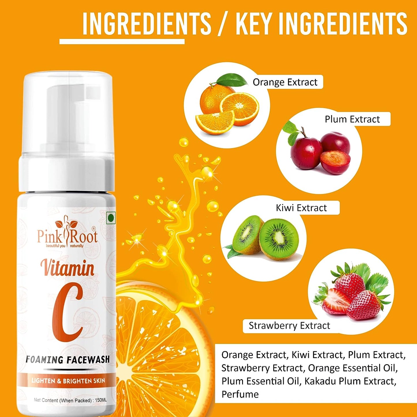 Pink Root Vitamin C Foaming Face Wash 150ml, For Oil Control, Hydration, Brightening, Pore Cleansing, Detan, Pigmentation, Blemishes, Acne