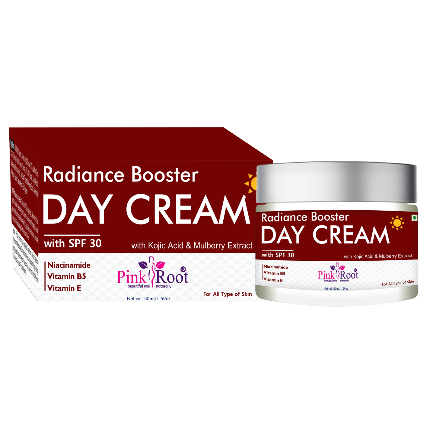 Pink Root Radiance Booster Day Cream with SPF30 (50ml) Lightweight moisturising formula that hydrates, brightens, protects skin from sun damage, reduces dullness, and keeps your face soft, fresh, and glowing all day.