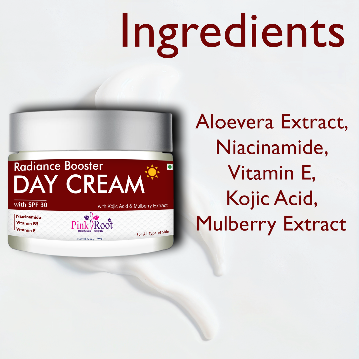 Pink Root Radiance Booster Day Cream with SPF30 (50ml) Lightweight moisturising formula that hydrates, brightens, protects skin from sun damage, reduces dullness, and keeps your face soft, fresh, and glowing all day.
