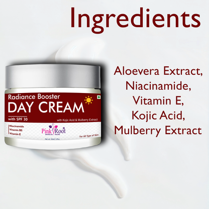 Pink Root Radiance Booster Day Cream with SPF30 (50ml) Lightweight moisturising formula that hydrates, brightens, protects skin from sun damage, reduces dullness, and keeps your face soft, fresh, and glowing all day.