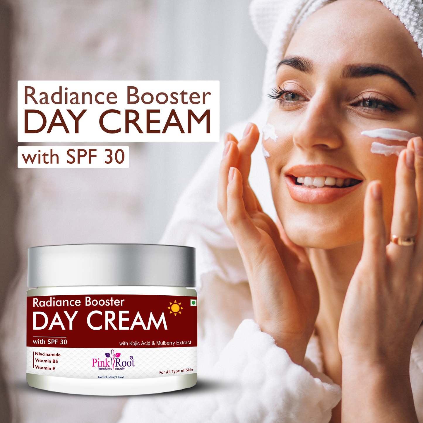Pink Root Radiance Booster Day Cream with SPF30 (50ml) Lightweight moisturising formula that hydrates, brightens, protects skin from sun damage, reduces dullness, and keeps your face soft, fresh, and glowing all day.