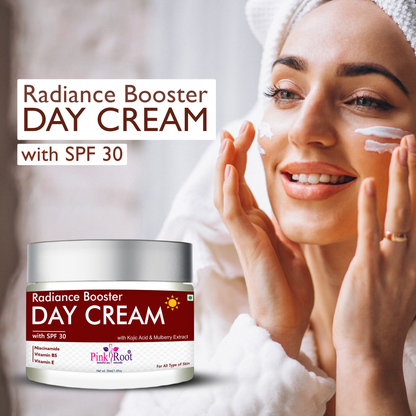 Pink Root Radiance Booster Day Cream with SPF30 (50ml) Lightweight moisturising formula that hydrates, brightens, protects skin from sun damage, reduces dullness, and keeps your face soft, fresh, and glowing all day.