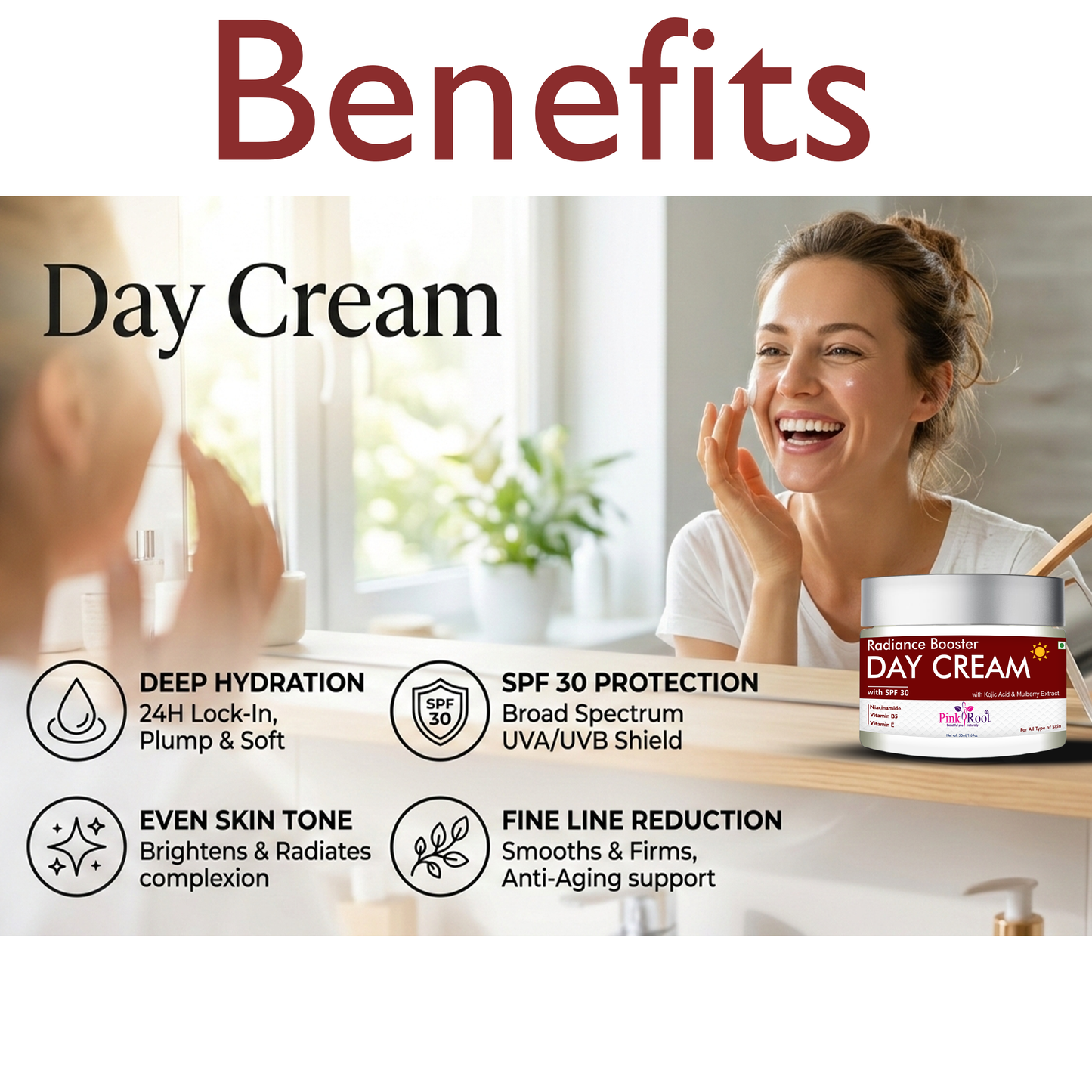 Pink Root Radiance Booster Day Cream with SPF30 (50ml) Lightweight moisturising formula that hydrates, brightens, protects skin from sun damage, reduces dullness, and keeps your face soft, fresh, and glowing all day.