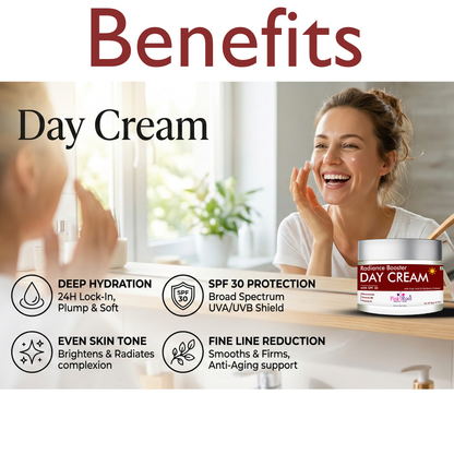 Pink Root Radiance Booster Day Cream with SPF30 (50ml) Lightweight moisturising formula that hydrates, brightens, protects skin from sun damage, reduces dullness, and keeps your face soft, fresh, and glowing all day.