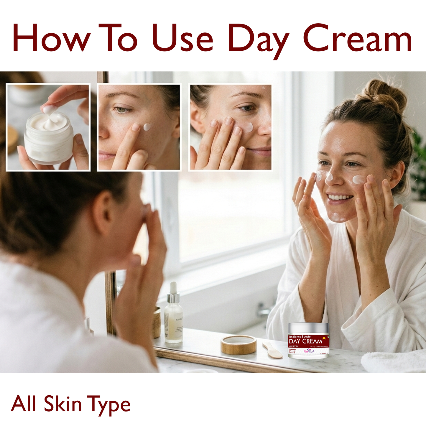 Pink Root Radiance Booster Day Cream with SPF30 (50ml) Lightweight moisturising formula that hydrates, brightens, protects skin from sun damage, reduces dullness, and keeps your face soft, fresh, and glowing all day.