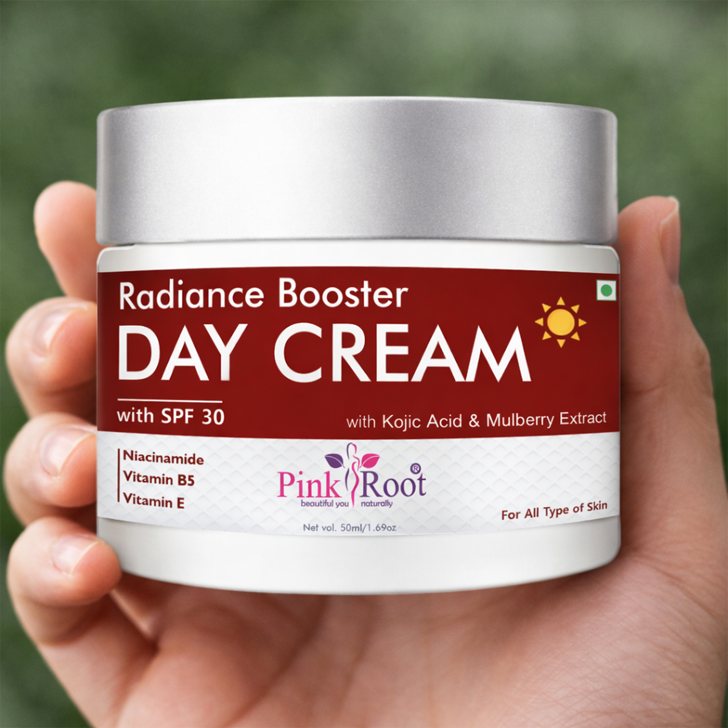 Pink Root Radiance Booster Day Cream with SPF30 (50ml) Lightweight moisturising formula that hydrates, brightens, protects skin from sun damage, reduces dullness, and keeps your face soft, fresh, and glowing all day.