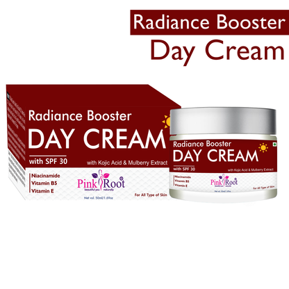 Pink Root Radiance Booster Day Cream with SPF30 (50ml) Lightweight moisturising formula that hydrates, brightens, protects skin from sun damage, reduces dullness, and keeps your face soft, fresh, and glowing all day.