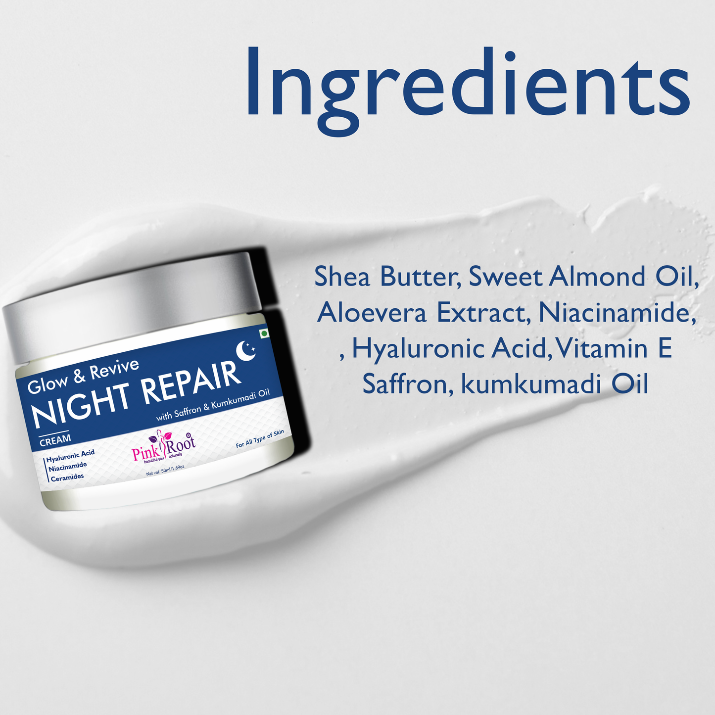 Pink Root Glow & Revive Night Repair cream (50ml) - Powerful overnight moisturiser that deeply nourishes, supports skin renewal, restores moisture, reduces fine lines, and helps you wake up with healthy glowing skin.