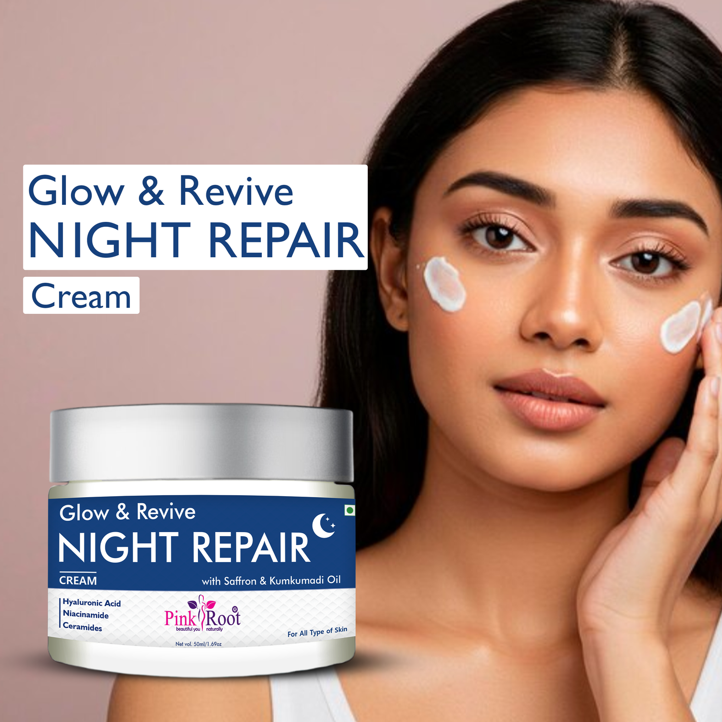Pink Root Glow & Revive Night Repair cream (50ml) - Powerful overnight moisturiser that deeply nourishes, supports skin renewal, restores moisture, reduces fine lines, and helps you wake up with healthy glowing skin.