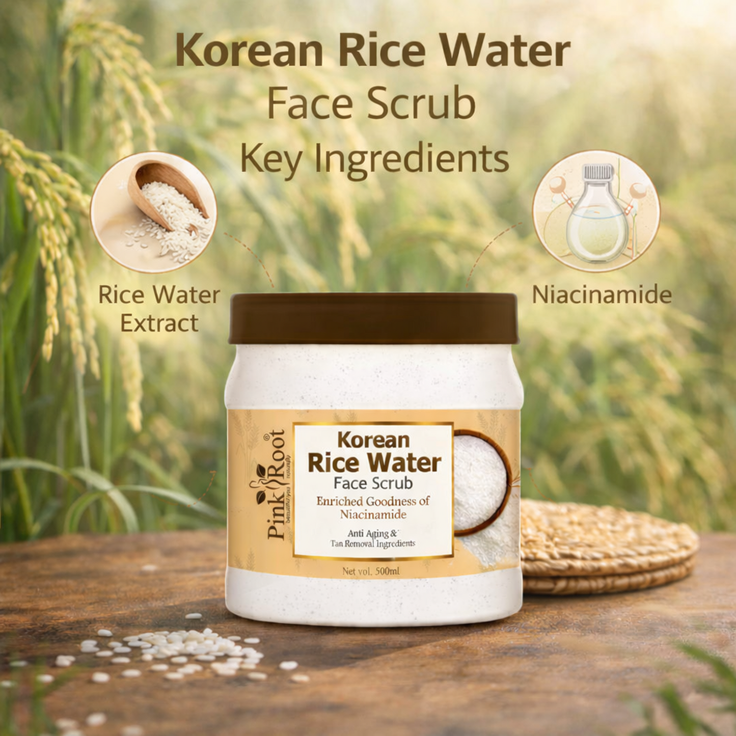 Pink Root Rice Water Face Scrub (500ml) Gentle Exfoliating Formula That Removes Dead Skin, Unclogs Pores, Brightens Complexion, and Reveals Smooth, Radiant Skin