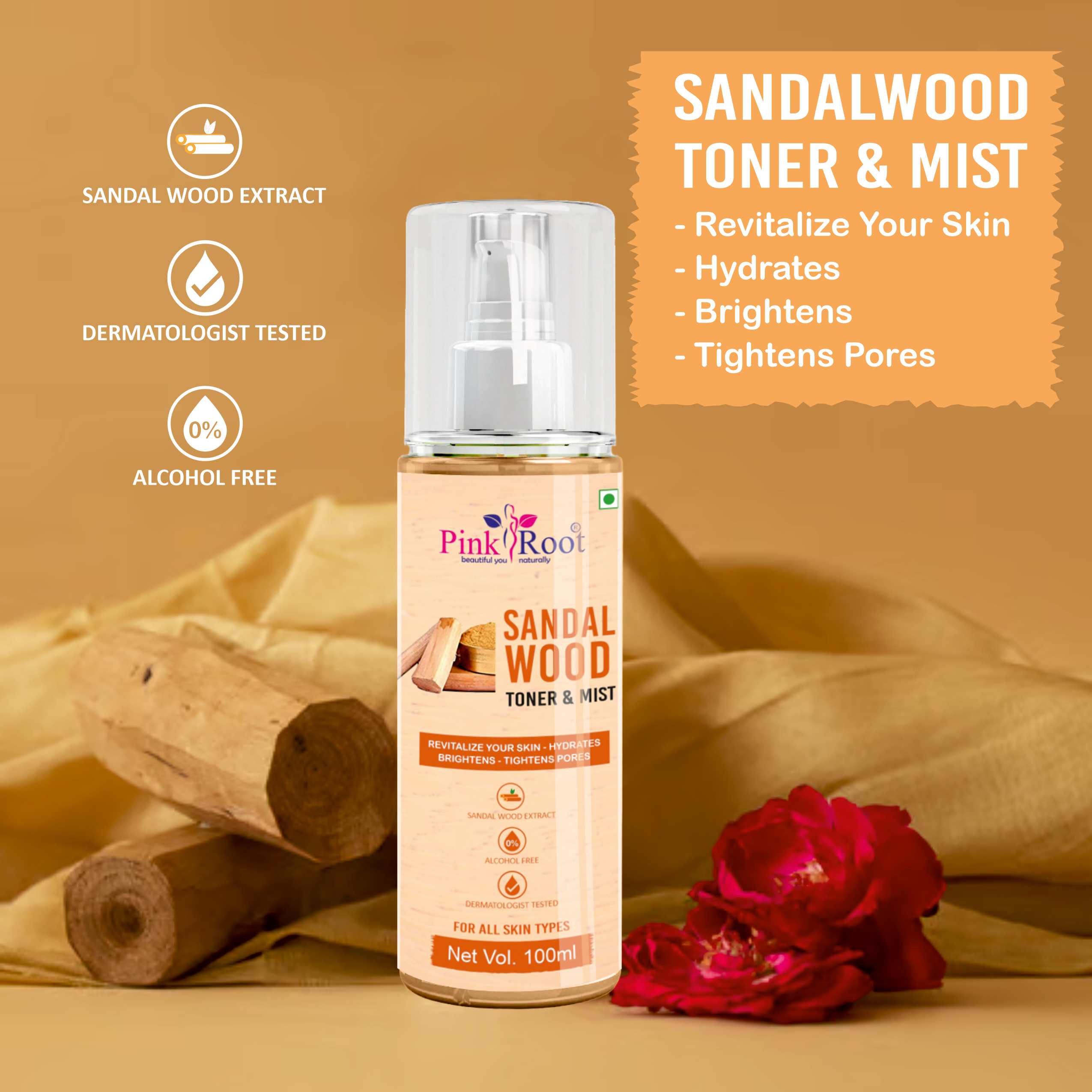 Pink Root Sandalwood Toner & Mist 100ml , Sandalwood Face Toner For Open Pores Tightening & Dirt Remover (Pack of 3)