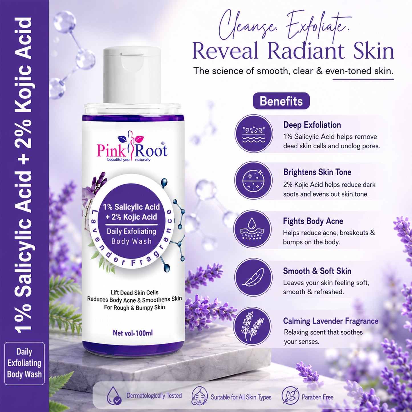 Pink Root 1% Salicylic Acid Body Wash (100ml) for Healthy Looking Skin, Deep Cleansing Formula Helps Reduce Acne, Oil, Bumps, and Skin Congestion Daily (Pack of 3)