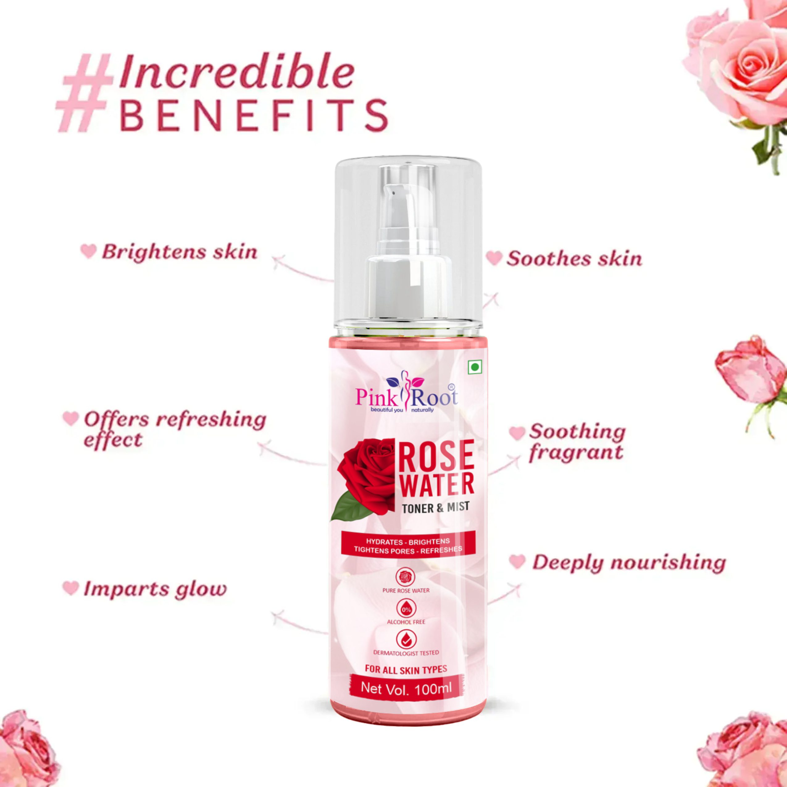 Pink Root Rose Water Toner & Mist, Made with Pure Rose Extracts as Toner, Skin Hydrator, Makeup Remover & Helps in Pore Tightening, 100ml  (Pack of 3)