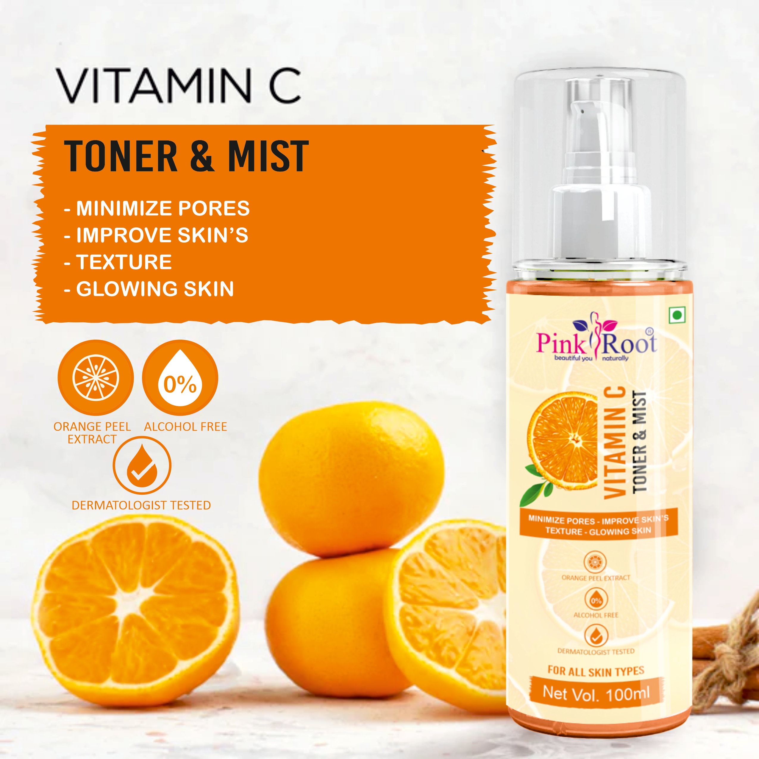 Pink Root Vitamin C Skin Mist Toner with Lemon Essential Oil, Orange Essential Oil & Aloe Vera Extracts - For All Skin Types - No Parabens, Silicones, Mineral Oil & Sulphates - 100ml (Pack of 2)
