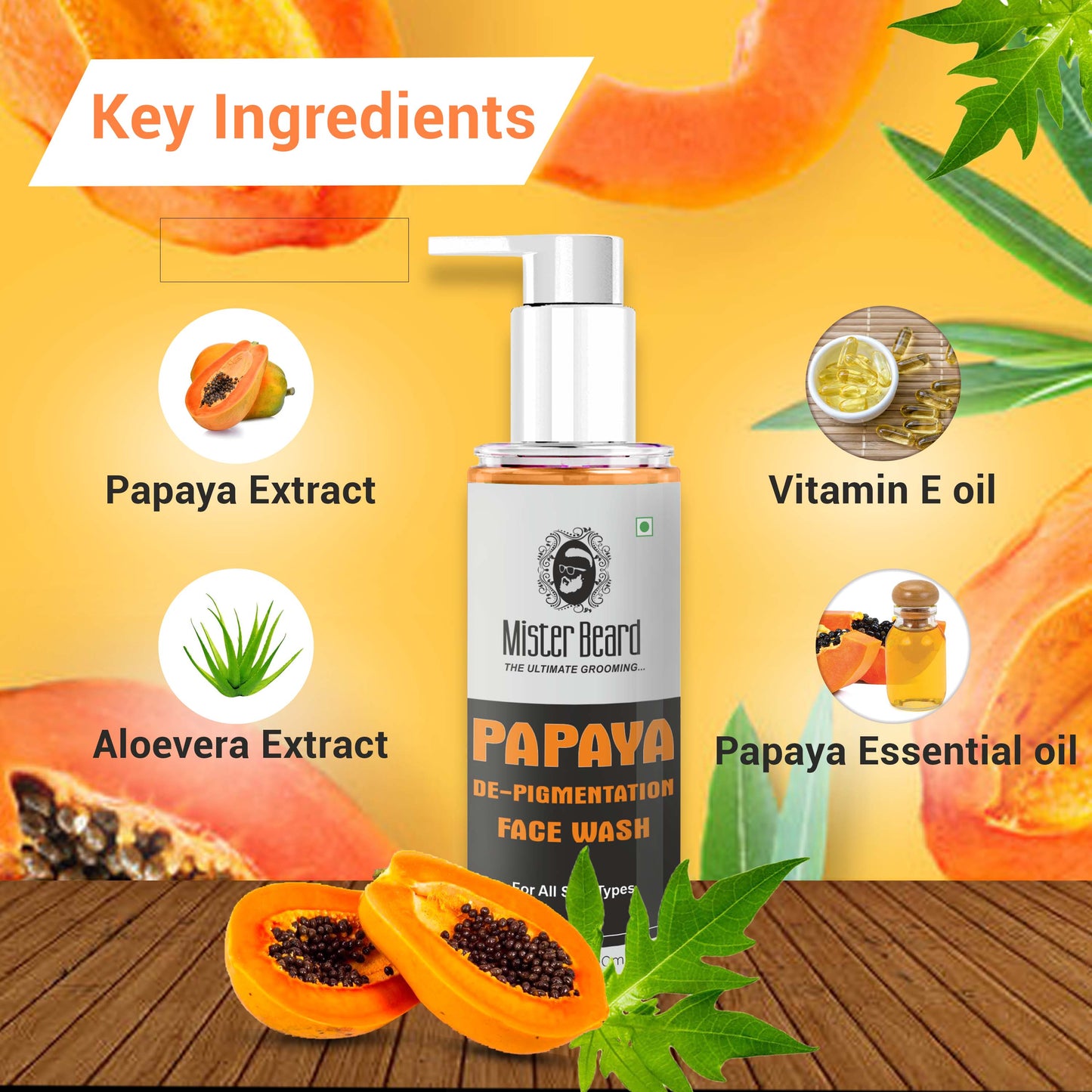 Mister Beard Papaya De-pigmentation Facewash 100ml with Vitamin C, Papaya and Lemon