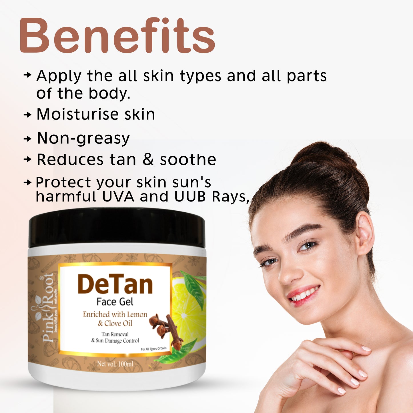 Pink Root Detan Face Gel 100ml, gives Skin Brightening, Skin Whitening Face Gel For Skin,Tan Removal, Whitening, Depigmentation, Oil Control, Acne & Fairness