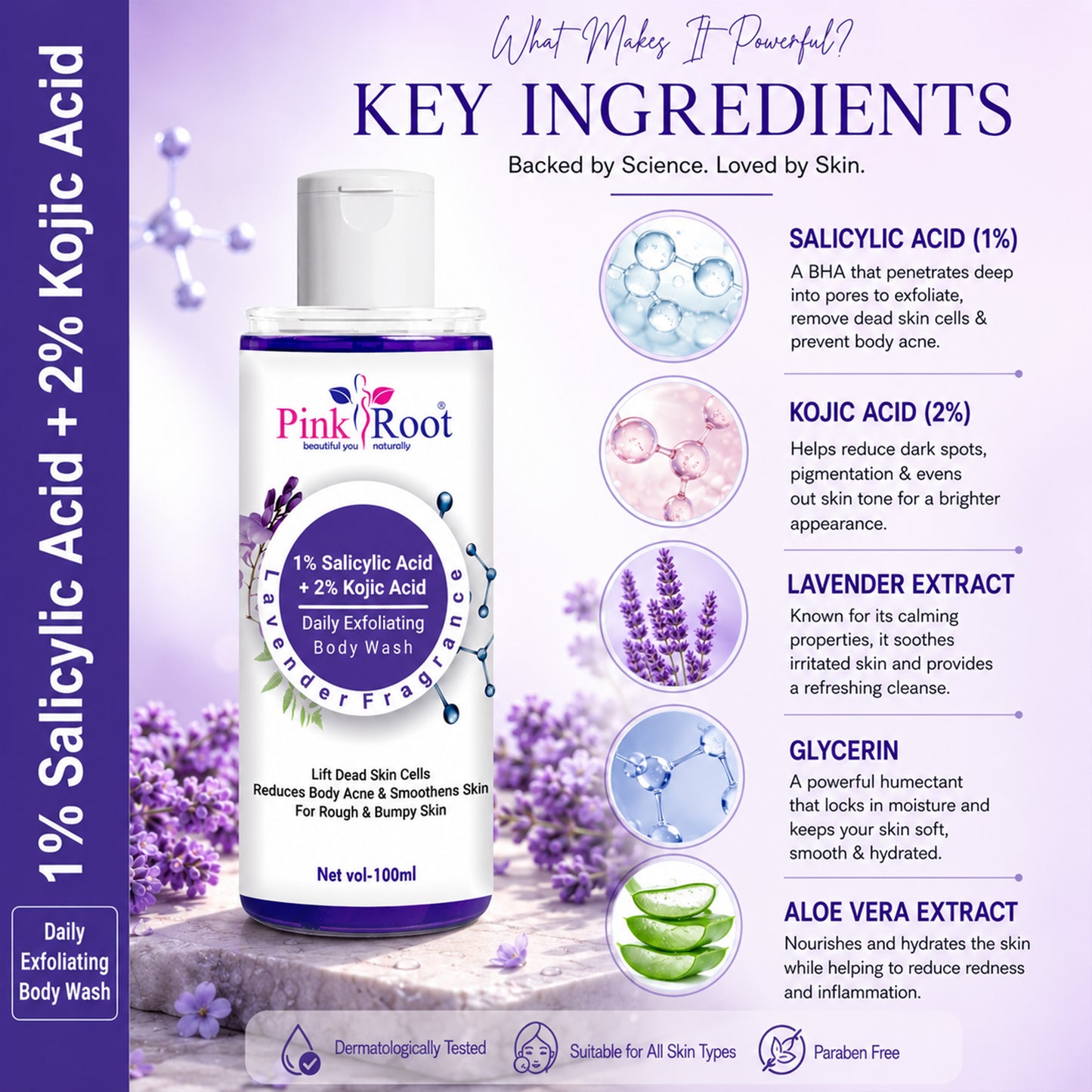 Pink Root Deep Cleansing Salicylic Body Wash (100ml) – Gently Exfoliates, Controls Oil & Helps Prevent Body Acne