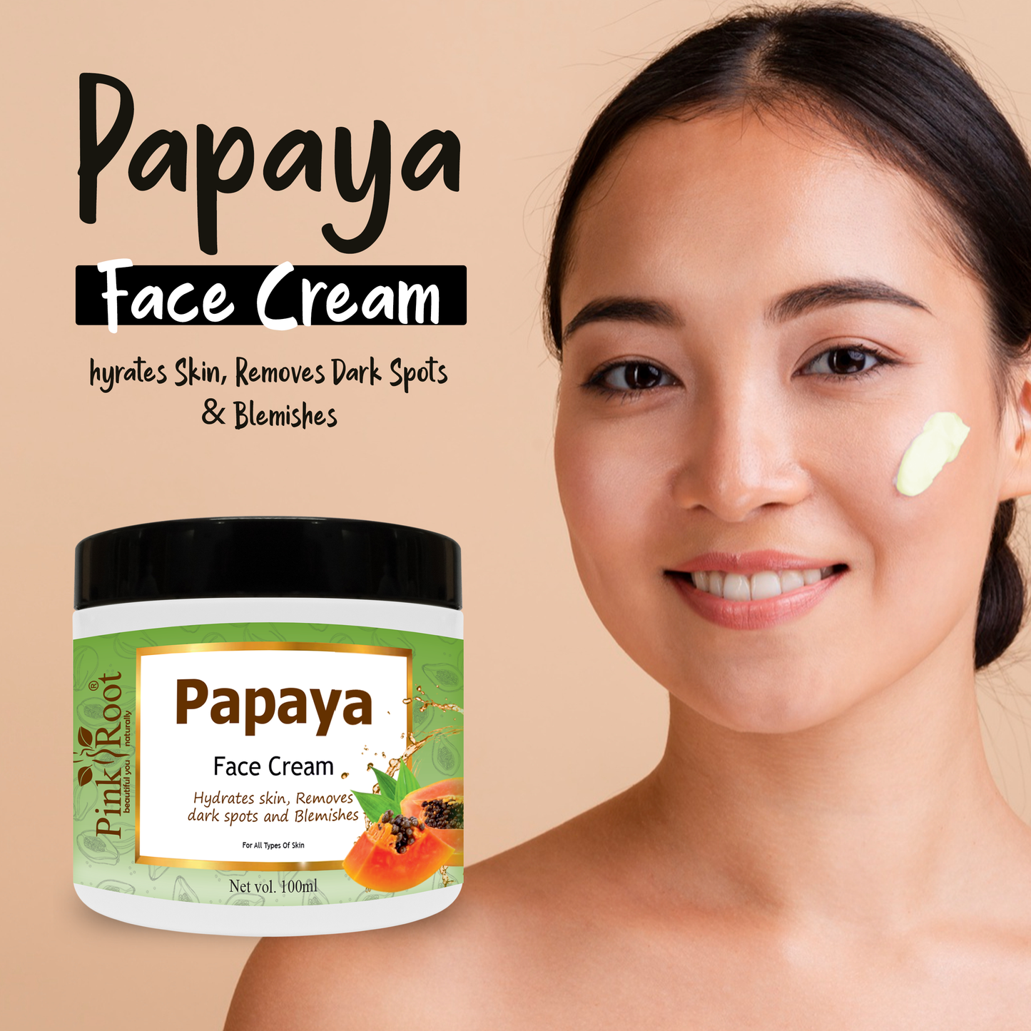 Pink Root Papaya Cream 100ml, with Papaya Extract & Vitamin E Oil for De-Pigmentation, Acne Removal & Skin Whitening