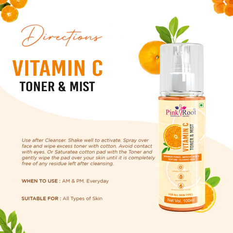 Pink Root Vitamin C Skin Mist Toner with Lemon Essential Oil, Orange Essential Oil & Aloe Vera Extracts - For All Skin Types - No Parabens, Silicones, Mineral Oil & Sulphates - 100ml (Pack of 2)