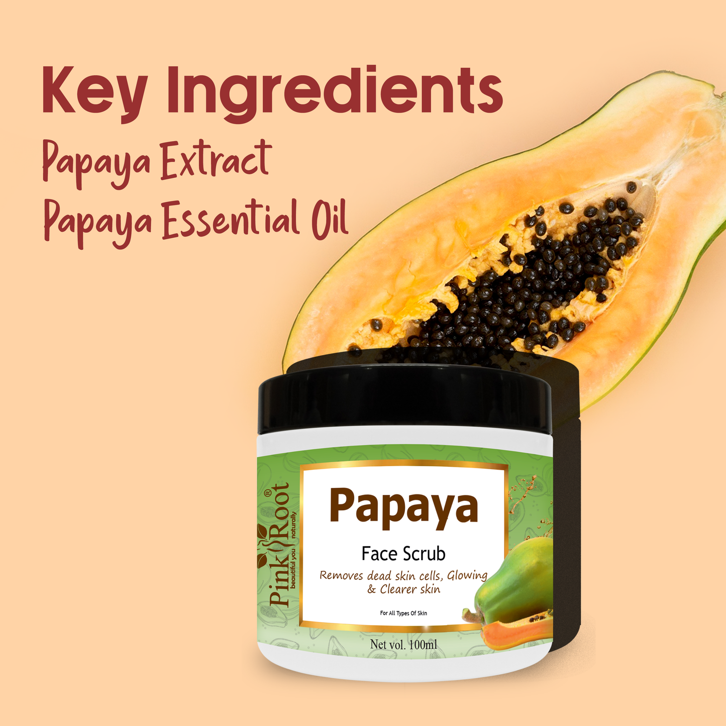 Pink Root Papaya Scrub Enriched with Papaya Extract, Vitamin E, Glycrine, & Aloe Vera for Tan Removal & Brighter Skin(100 ml)