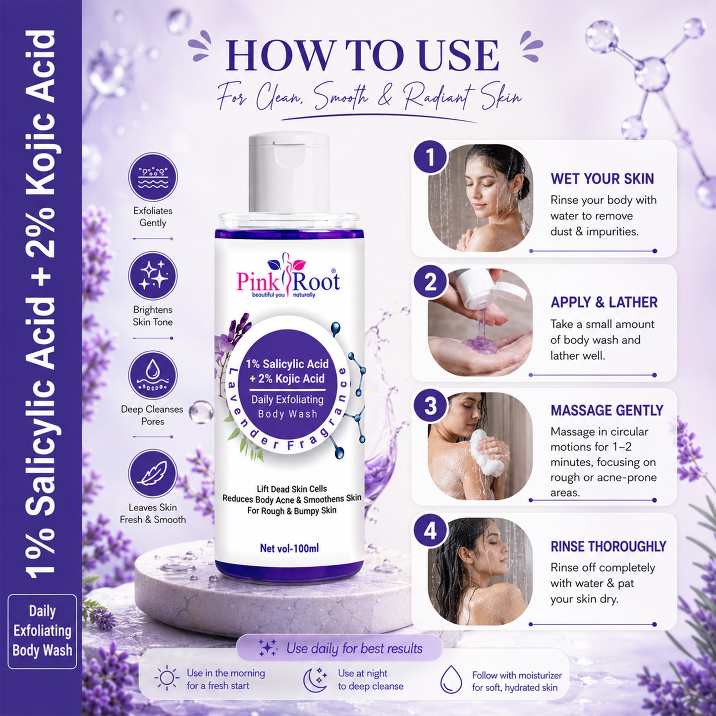 Pink Root Deep Cleansing Salicylic Body Wash (100ml) – Gently Exfoliates, Controls Oil & Helps Prevent Body Acne
