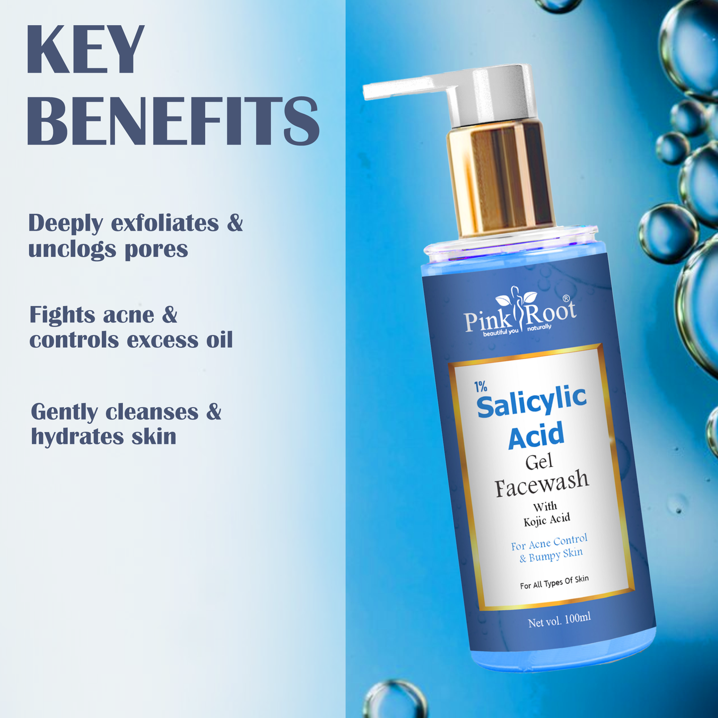 1% Salicylic acid Face Wash with Kojic Acid 100 ml - Pink Root  | Reduces Dark Spots, Pigmentation & Blemishes | Cleanses & Brightens Skin | Non-Drying Formula