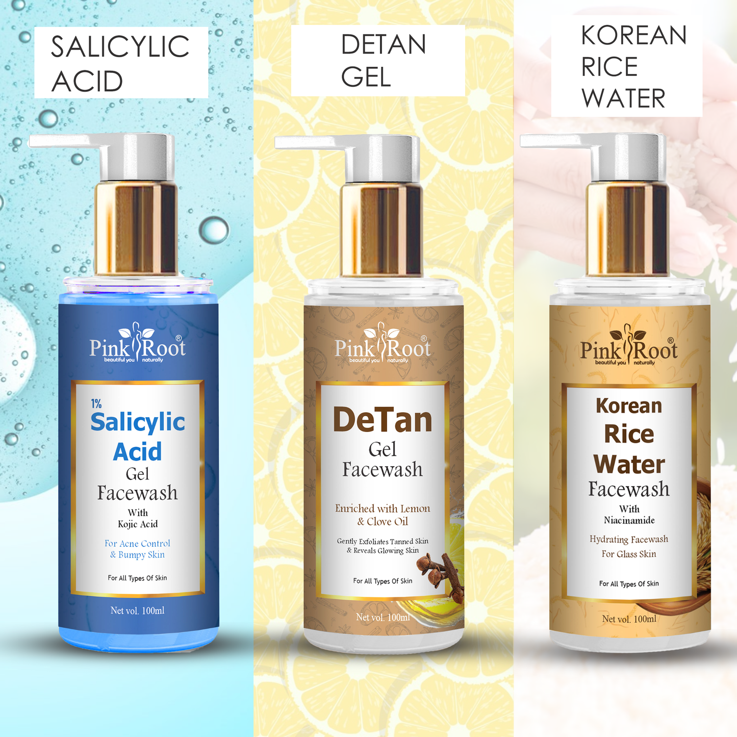 Pink Root Rice Water, Turmeric, Retinol, De-tan, Salicylic Acid & Skin Whitening Face Wash ( Pack of 6)- A Natural Skincare Solution for Deep Cleansing, Gentle Exfoliation, Brightening Dull Skin, Reducing Excess Oil, Improving Texture
