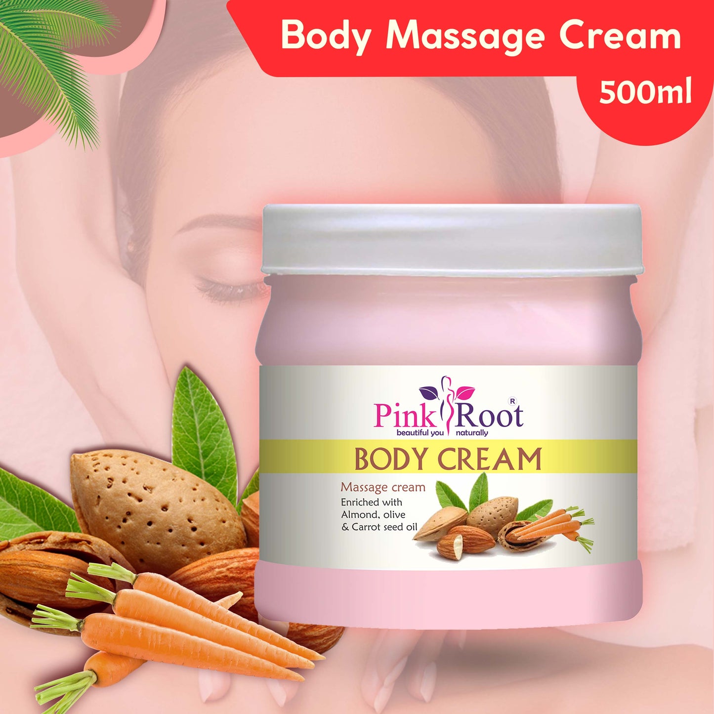 Pink Root Body Massage Cream Enriched with Almond Oil, olive Oil & Carrot Seed Oil (500ml) helps in Body Moisturising & Nourishment