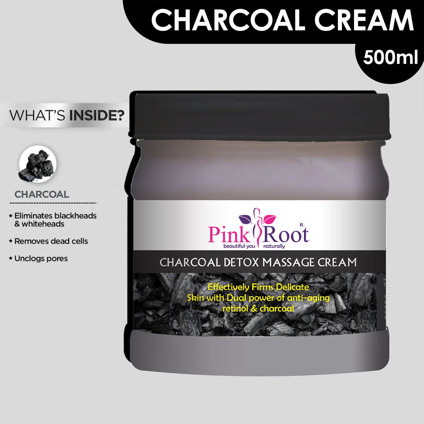 Pink Root Charcoal Detox Massage Cream Effectively Firms Delicate Skin with Dual Power of anti-aging (500 ml)