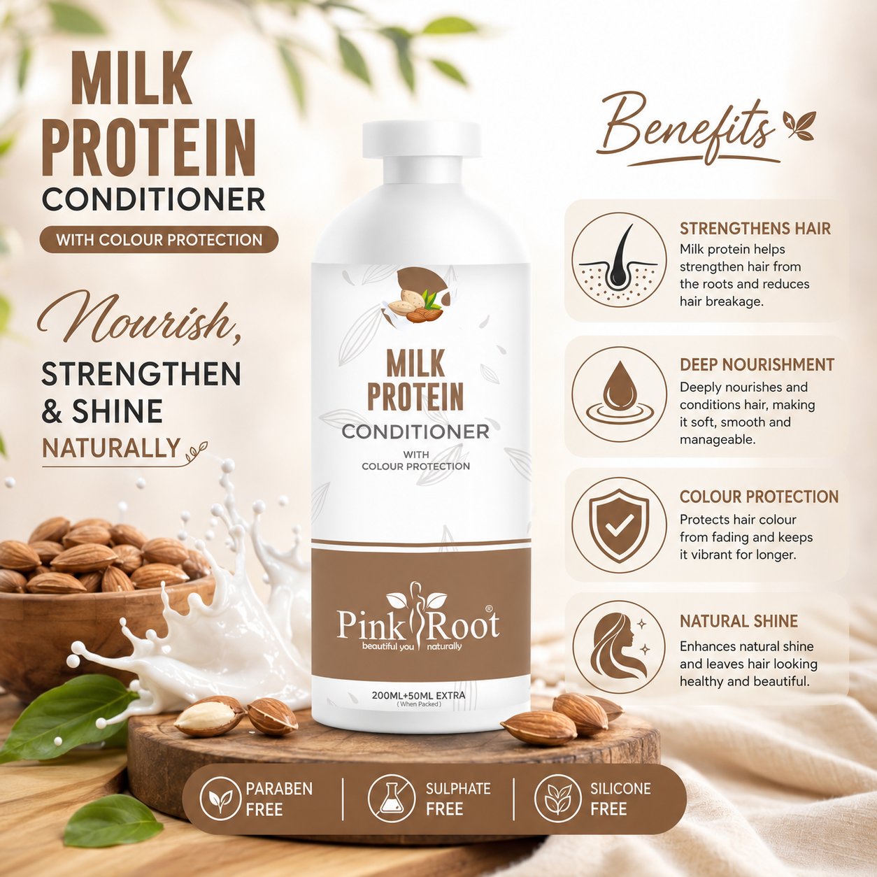 Pink Root Milk Protein Conditioner with Wheat & Milk Proteins | Long, Strong, Silky, Moisturizing hair conditioner 250ml