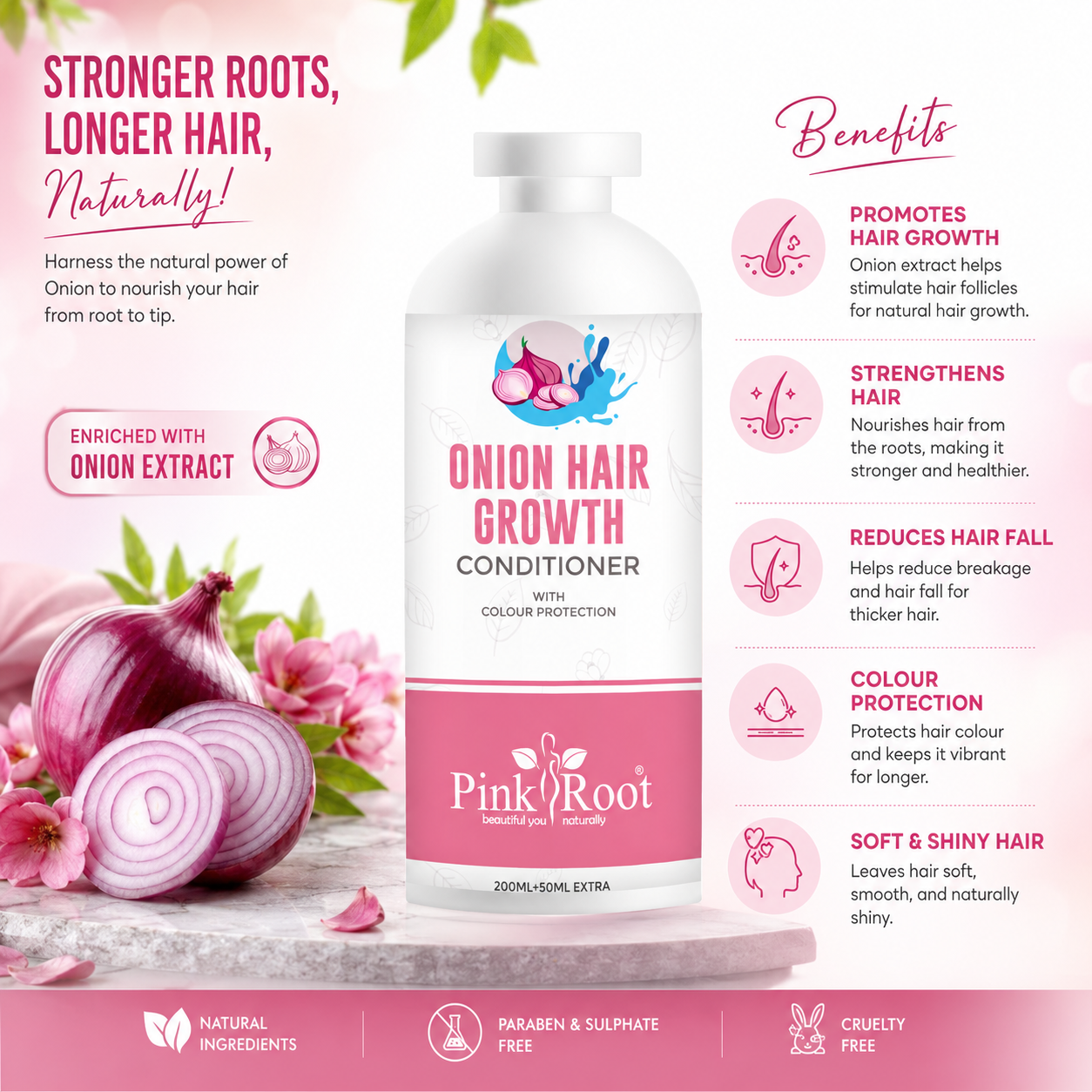 Pink Root Onion Conditioner (250 ml)|Nourishment & Moisturization, Damage Repair, Scalp Cleansing, Anti-hair Fall, Anti-dandruff, Straightening & Smoothening