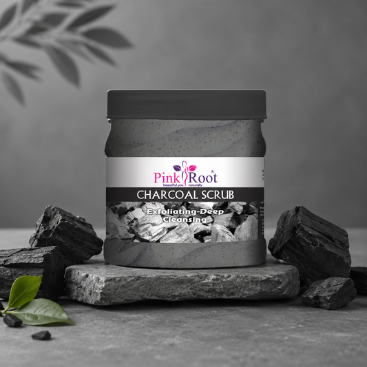 Pink Root Charcoal Scrub Exfoliating-Deep Cleansing Face & Body Scrub For Oily Skin & Normal skin, with Charcoal & Walnut for De Tan, 500ml