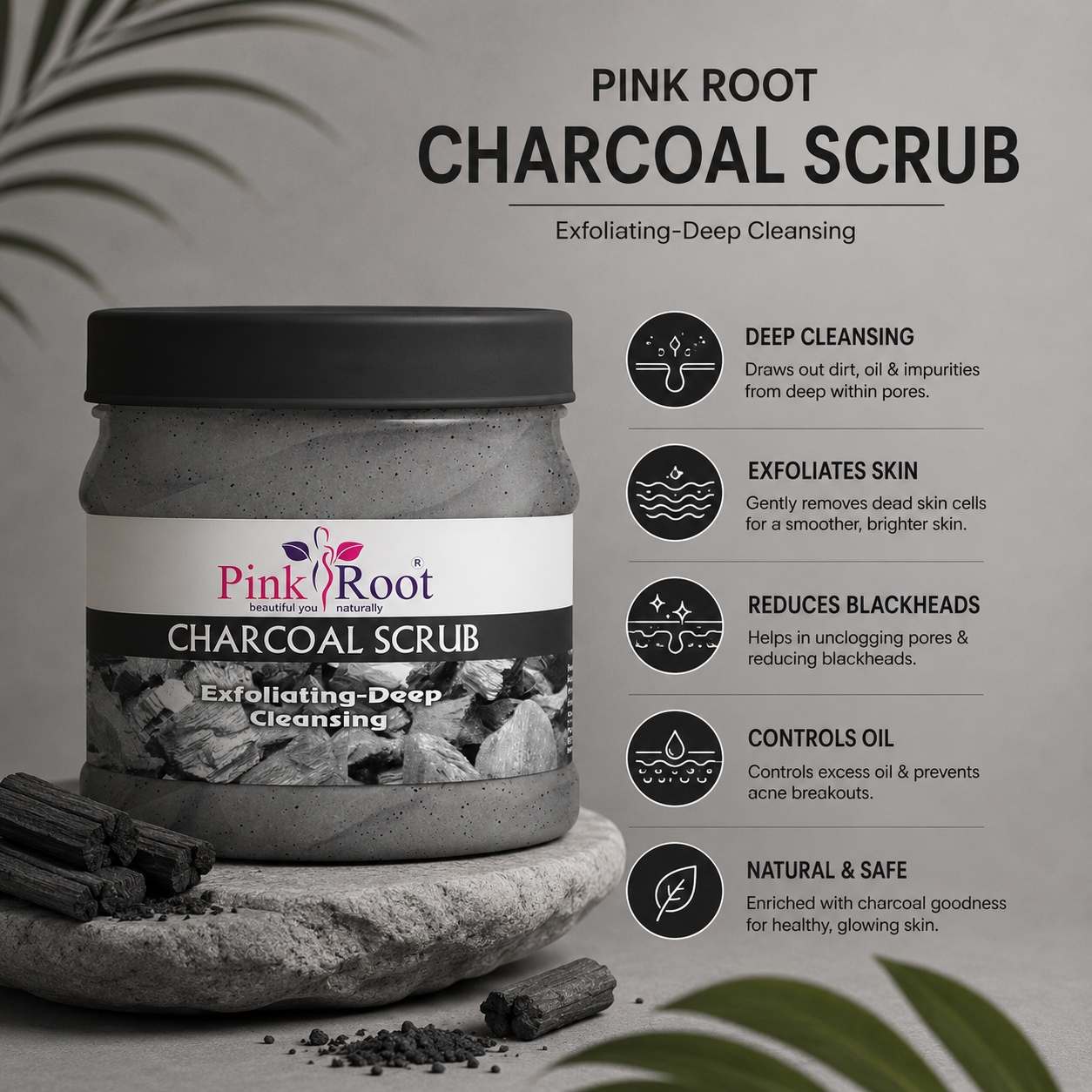 Pink Root Charcoal Scrub Exfoliating-Deep Cleansing Face & Body Scrub For Oily Skin & Normal skin, with Charcoal & Walnut for De Tan, 500ml