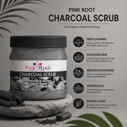 Pink Root Charcoal Scrub Exfoliating-Deep Cleansing Face & Body Scrub For Oily Skin & Normal skin, with Charcoal & Walnut for De Tan, 500ml